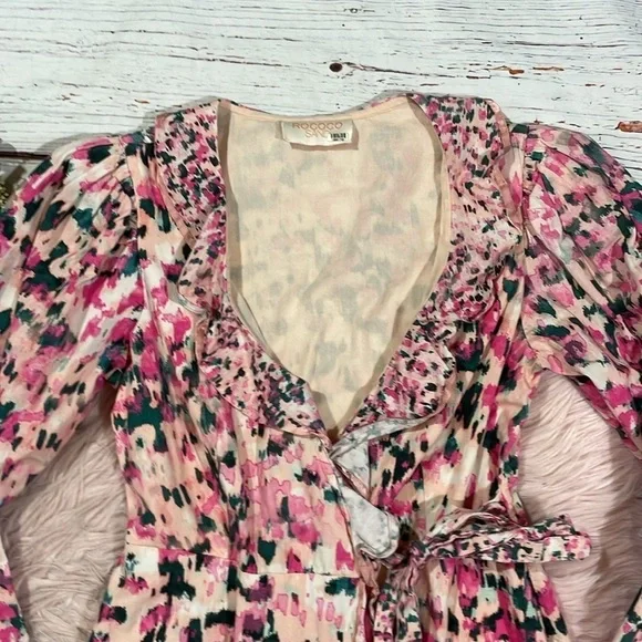 Rococo Sand Mimi Ruffle Trim Long Sleeve Mini Wrap Dress Pink Floral Barbiecore - Picture 9 of 11